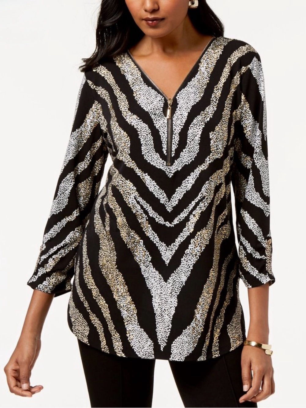 JM Collection Black Metallic Zebra-Print V-Neck Tunic